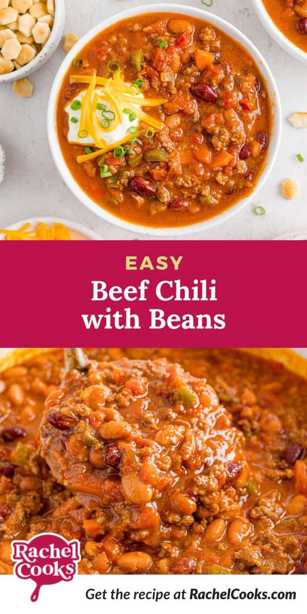 Chili, text reads "easy beef chili with beans."