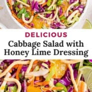 Salad, text reads "delicious cabbage salad with honey lime dressing."