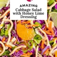 Salad, text reads "amazing cabbage salad with honey lime dressing."