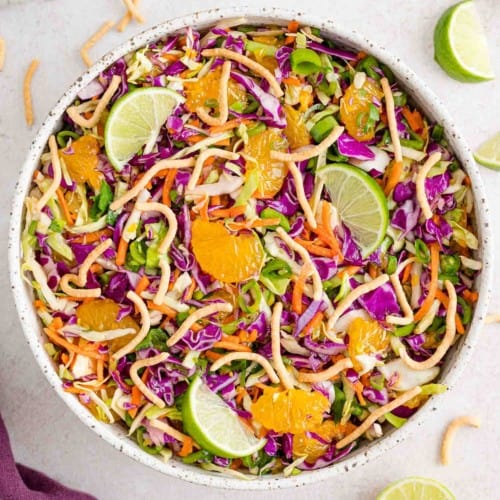 Cabbage salad with chow mein noodles and oranges.