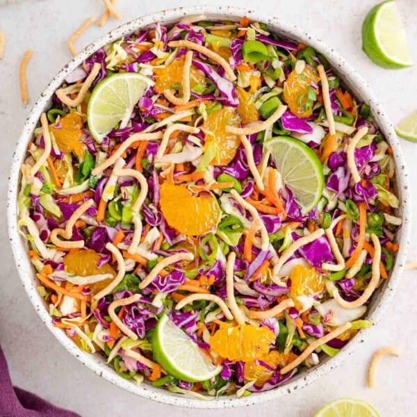 Cabbage salad with chow mein noodles and oranges.
