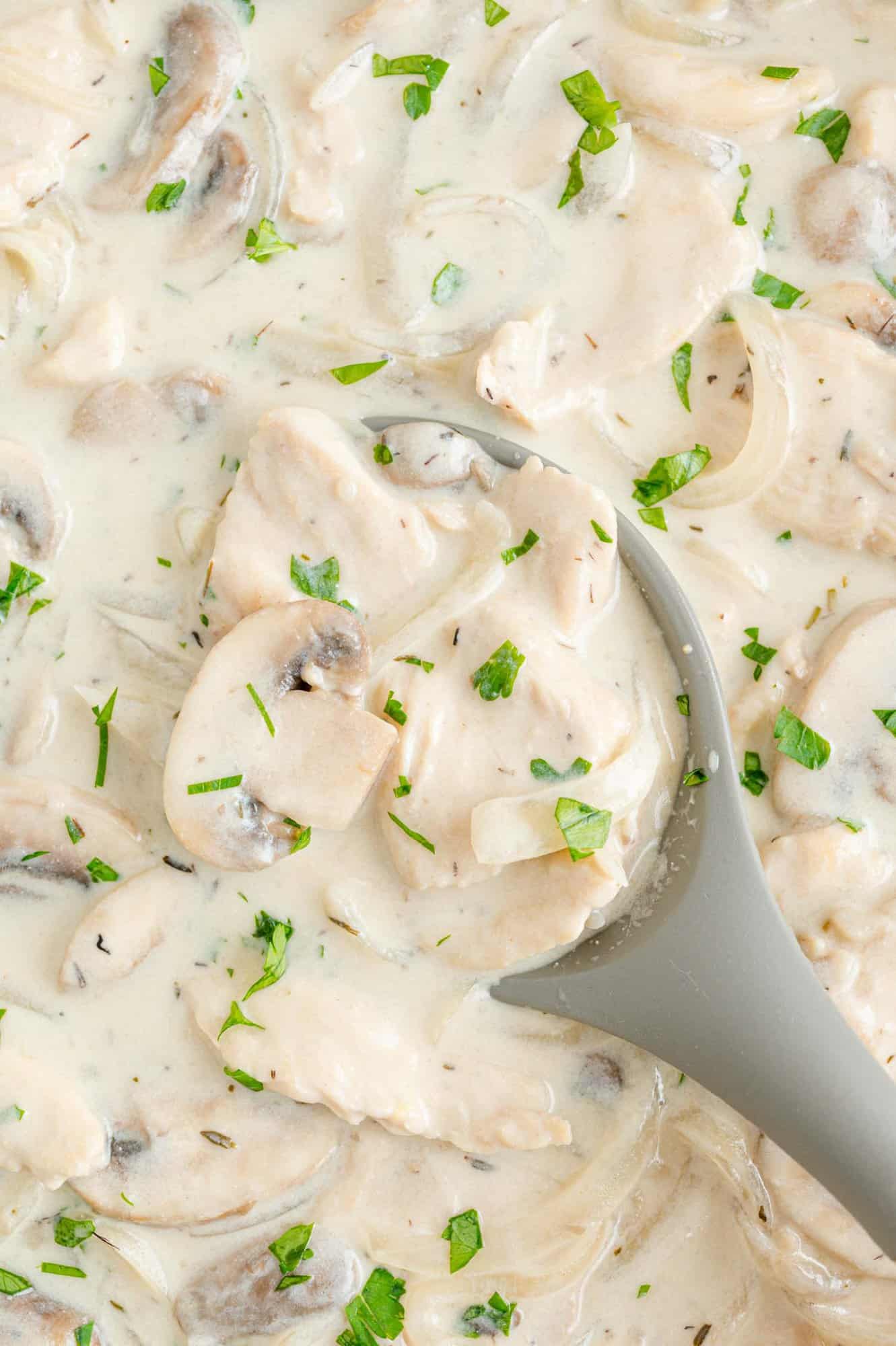 Close up of stroganoff on a serving spoon.