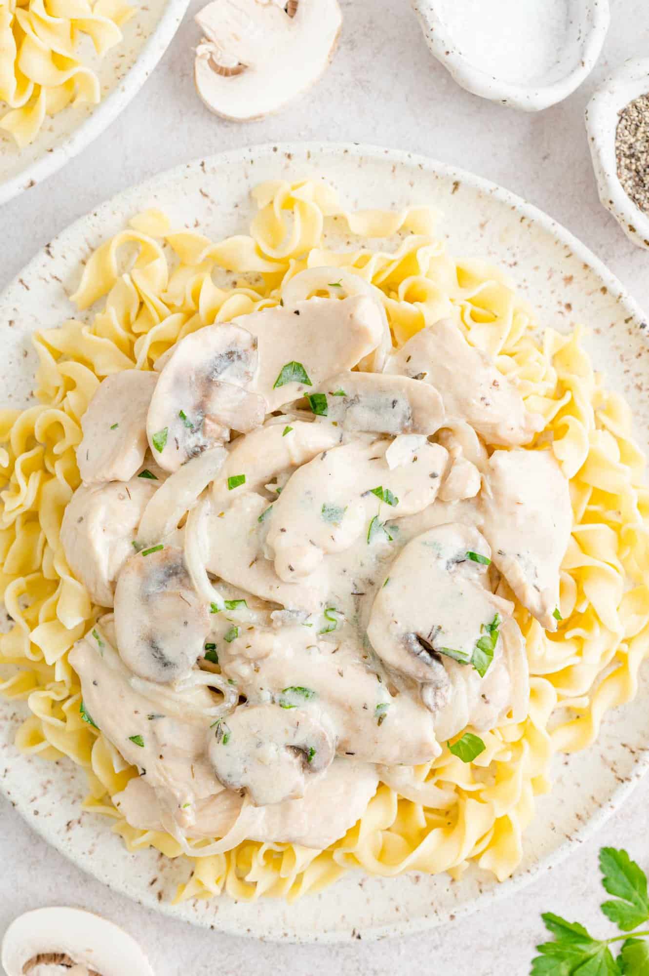 Chicken stroganoff with mushrooms on a plate with noodles.