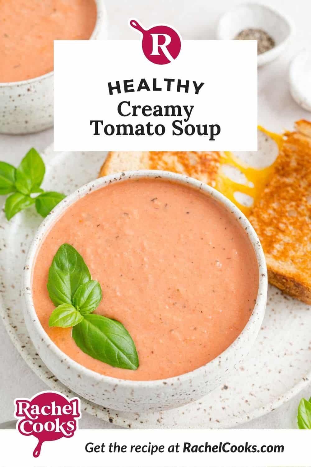 Soup, text reads "healthy creamy tomato soup."