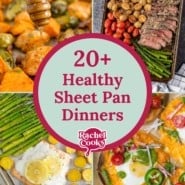 Four images, text reads "20+ healthy sheet pan dinners."