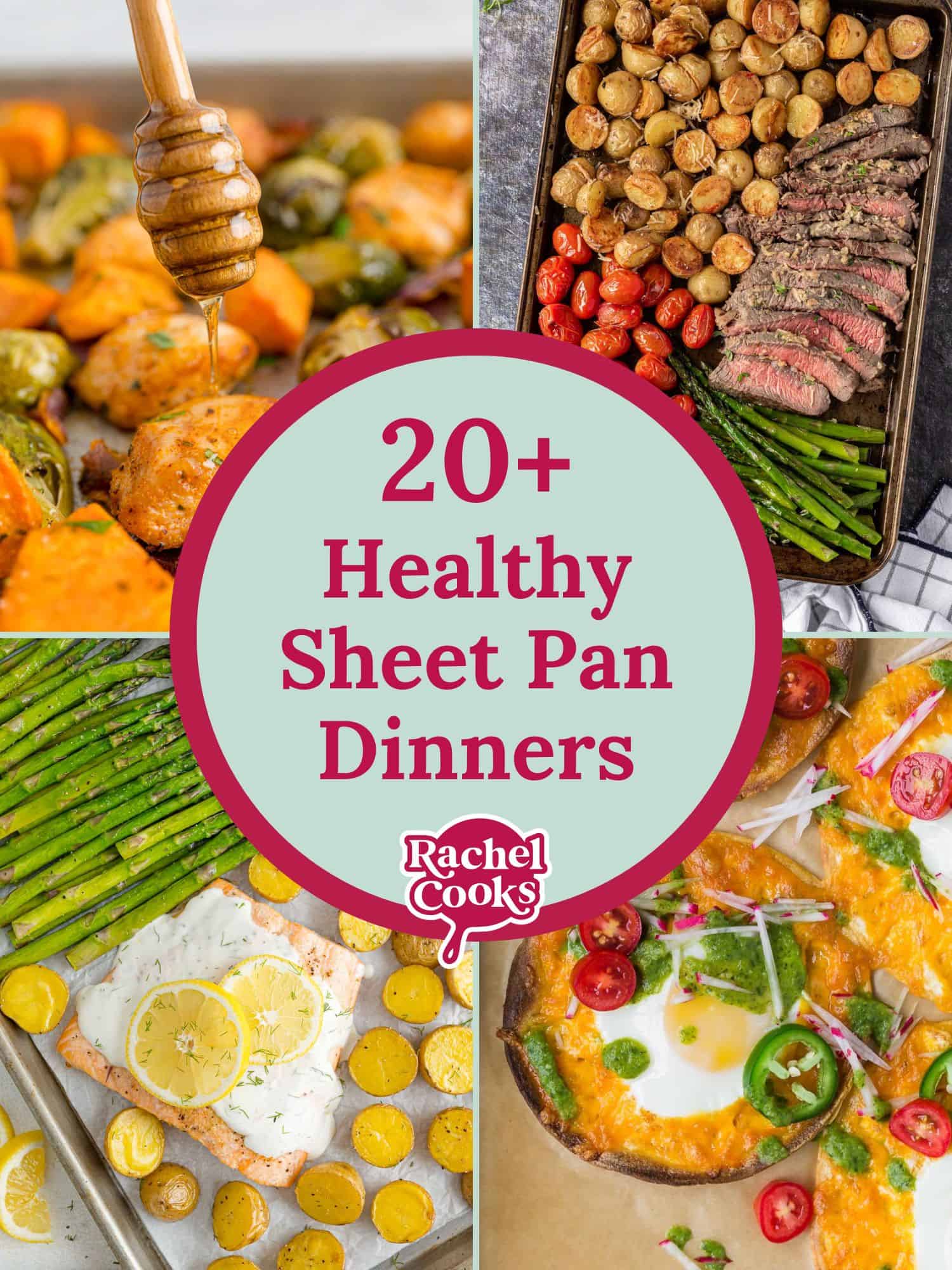 Four images, text reads "20+ healthy sheet pan dinners."