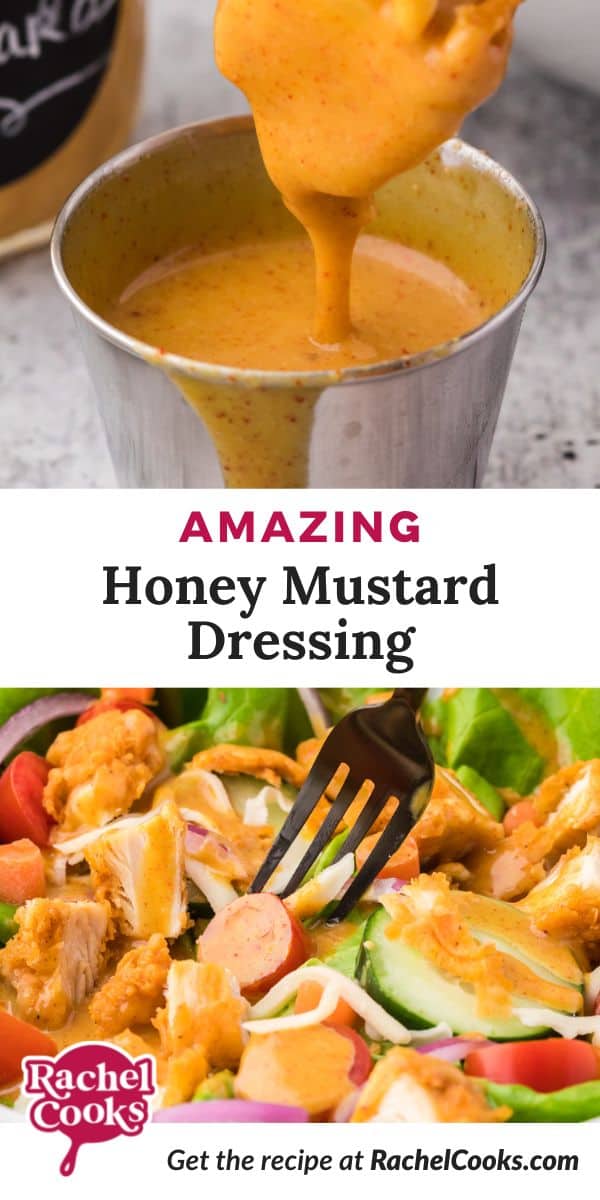 Dressing and salad, text reads "amazing honey mustard dressing."
