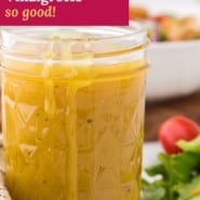 Dressing, text reads "honey mustard vinaigrette - so good!"