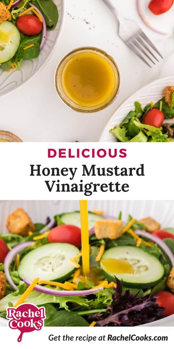 Dressing, text reads "delicious honey mustard vinaigrette."