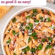 Pasta, text reads "instant pot pasta with sausage and tomatoes - so good and easy!"