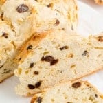 Sliced Irish soda bread with raisins.