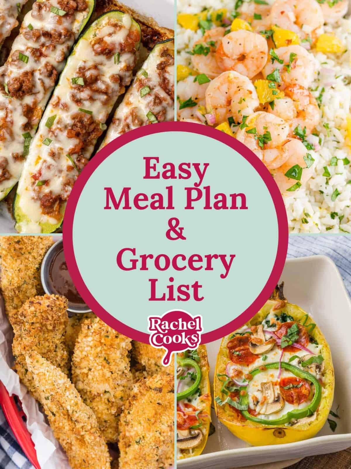 Four images, text reads "easy meal plan & grocery list."