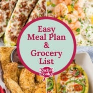 Four images, text reads "easy meal plan & grocery list."