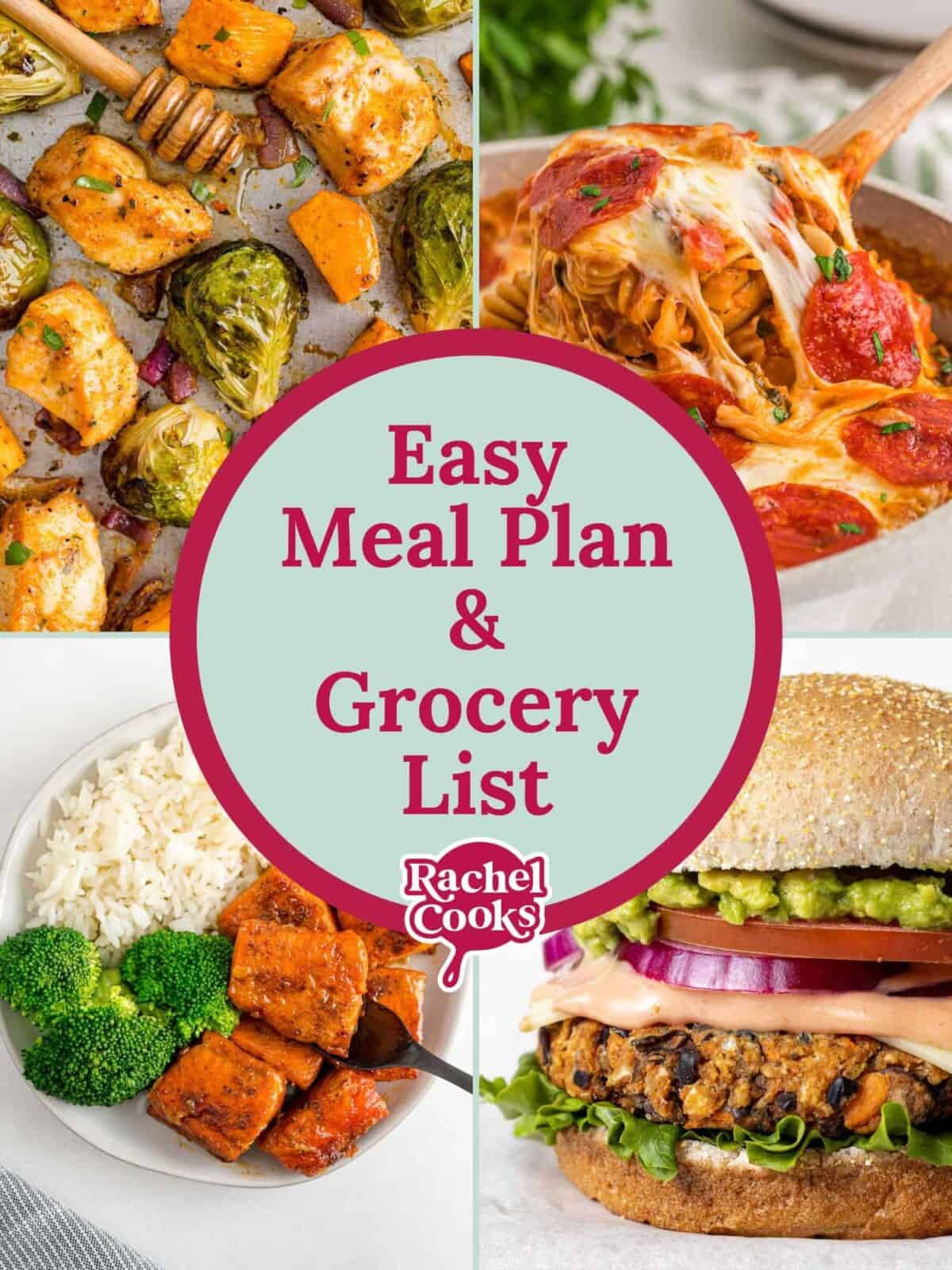 Four images, text reads "easy meal plan & grocery list."