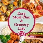 Four images, text reads "easy meal plan & grocery list."