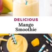 Smoothie, text overlay reads "delicious mango smoothie."