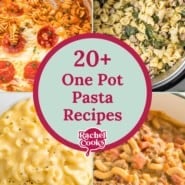 Four images, text reads "20+ one pot pasta recipes."