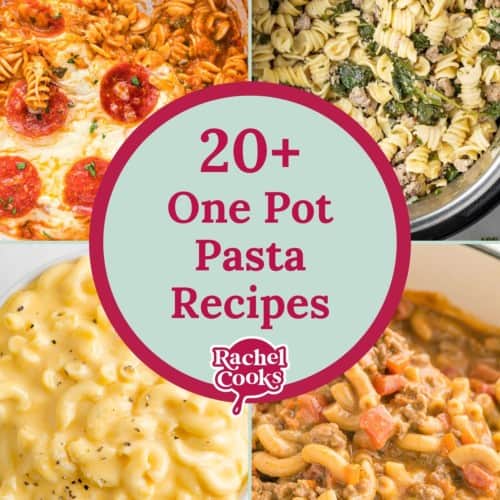 Four images, text reads "20+ one pot pasta recipes."