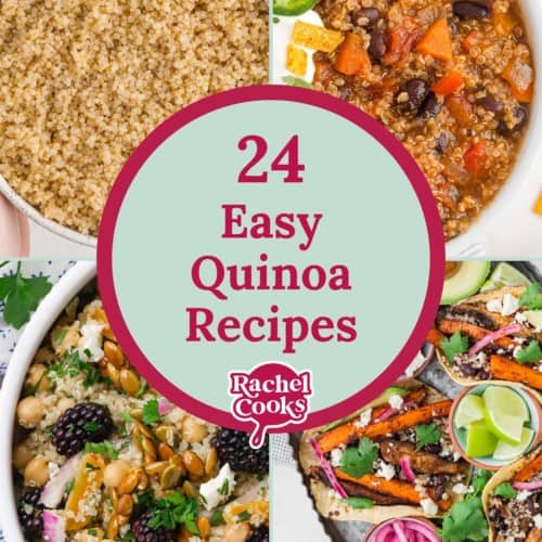 Four images, text reads "24 easy quinoa recipes."