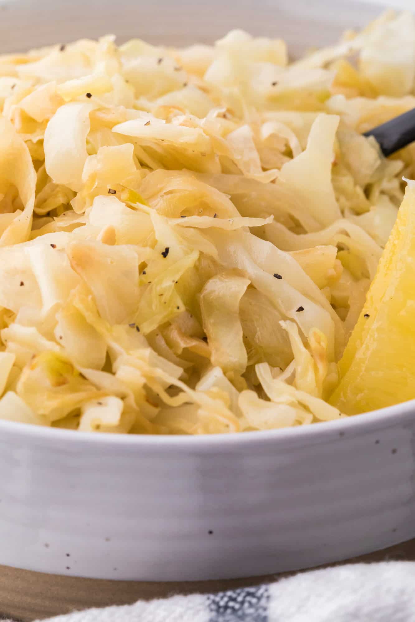 Close up view of sautéed cabbage.