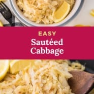 Cabbage, text overlay reads "easy sautéed cabbage."