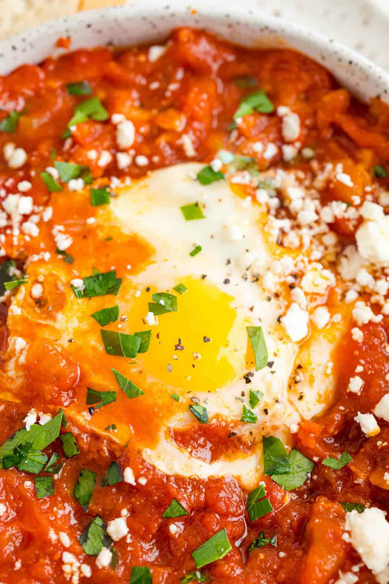 Close up view of a cooked egg in a tomato sauce topped with parsley.