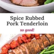 Pork, text overlay reads "spice rubbed pork tenderloin - so good."