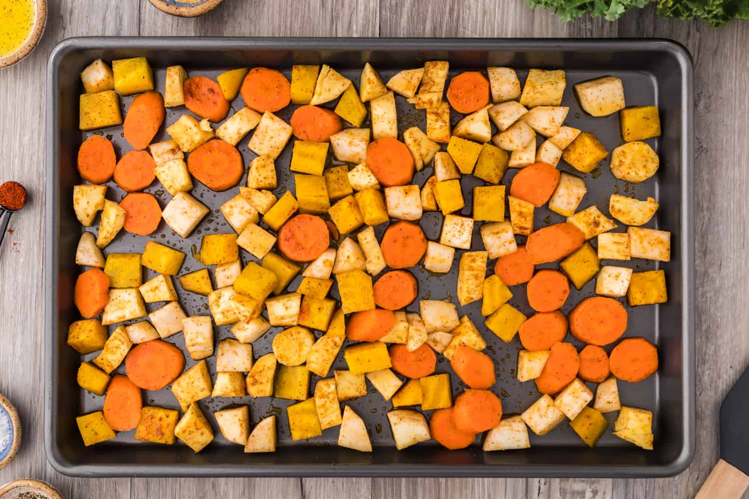 Vegetables on sheet pan.