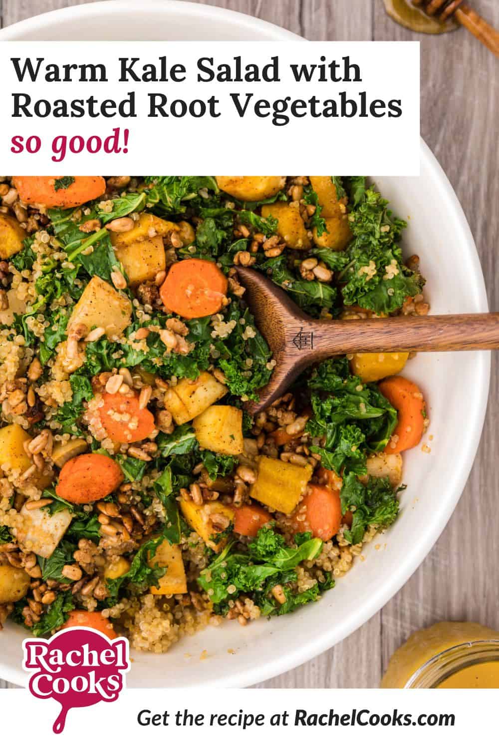 Salad, text reads "warm kale salad with roasted root vegetables - so good!"