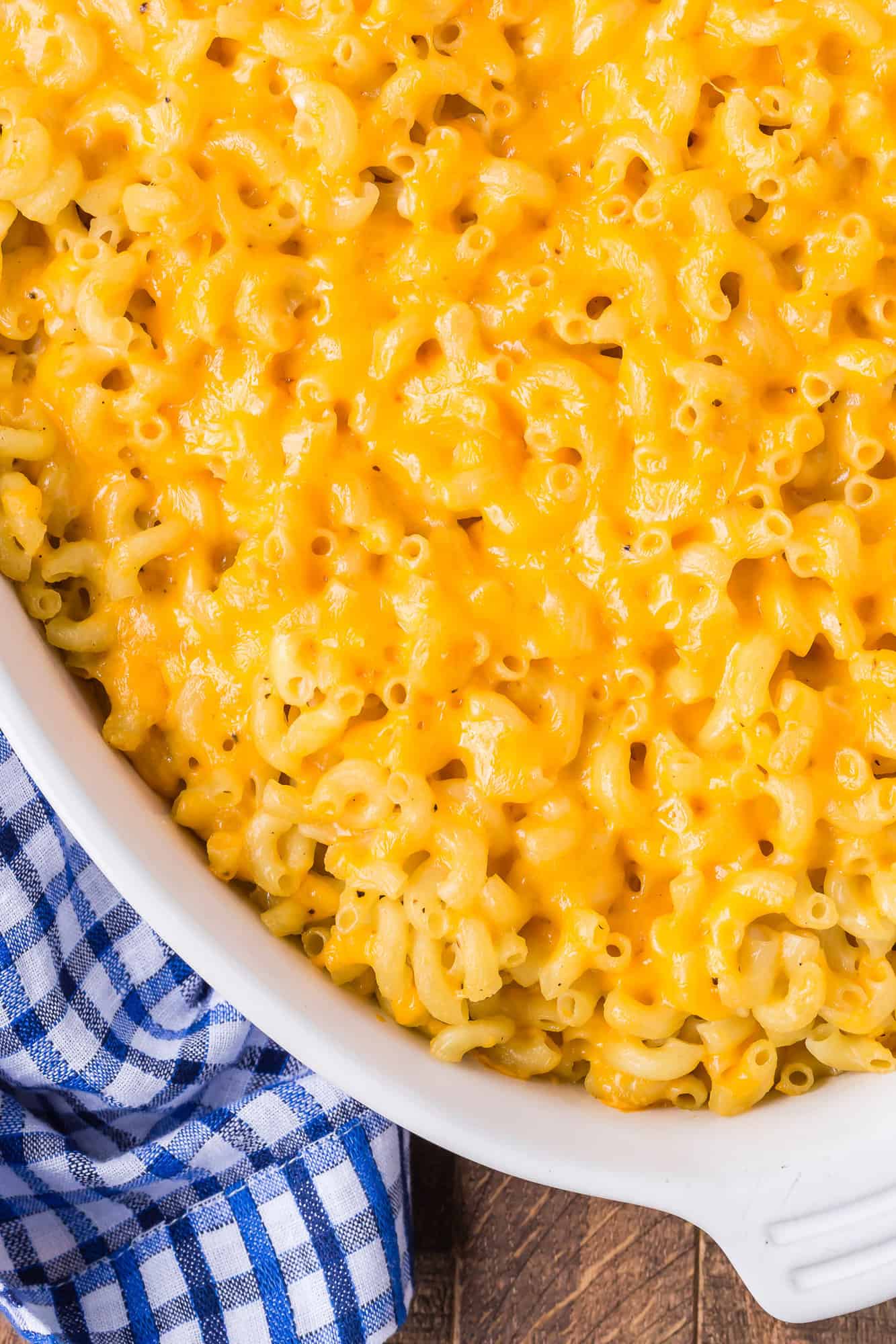 Macaroni and cheese in casserole dish.