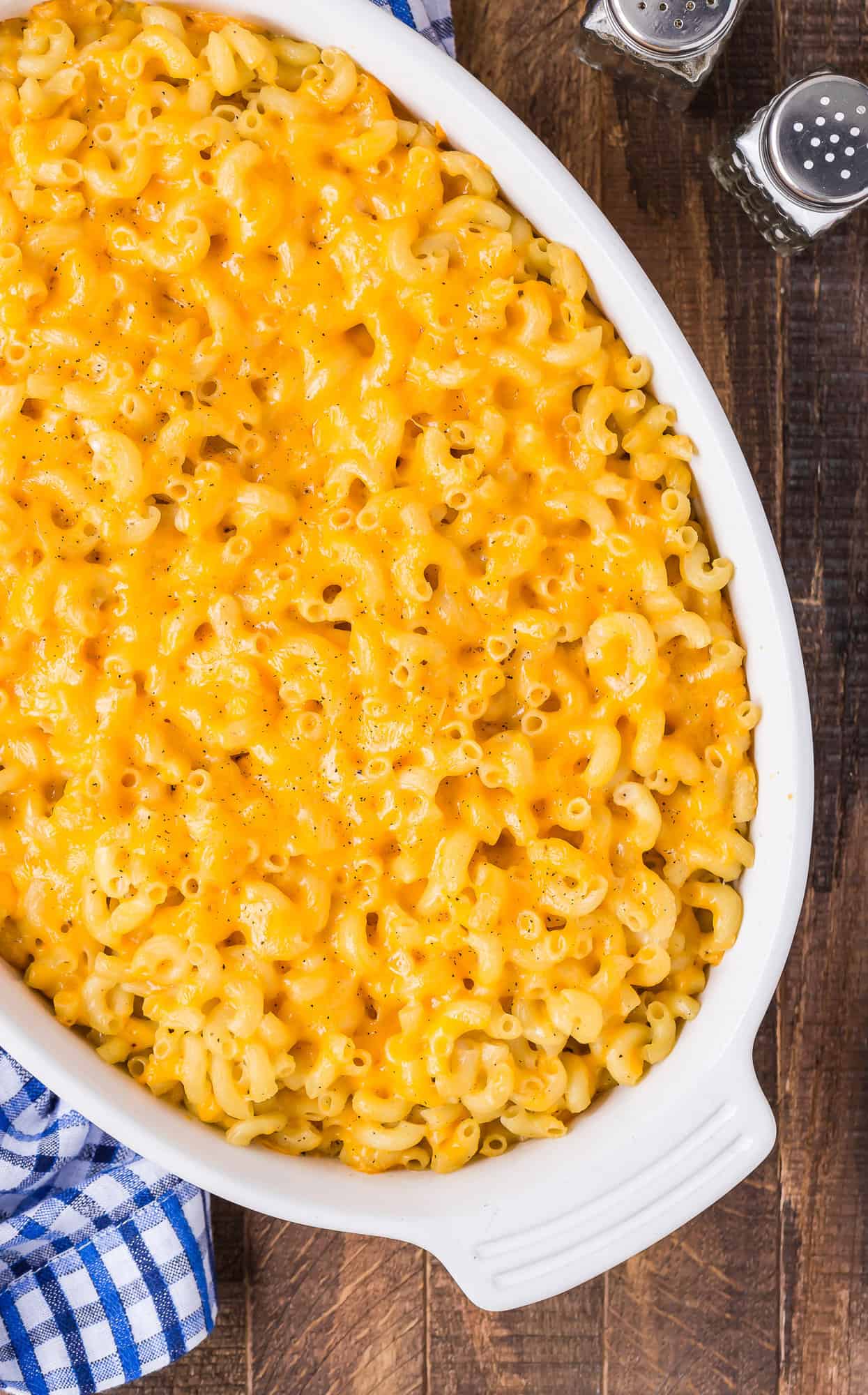 Overhead view of casserole dish full of macaroni and cheese.