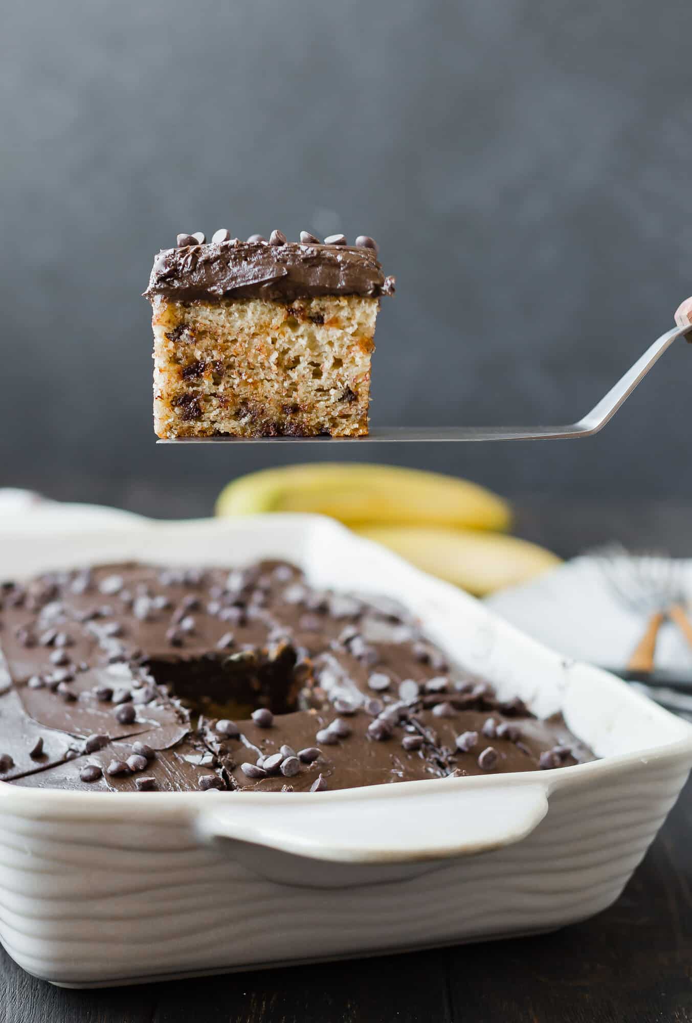 Banana chocolate chip cake being scooped out.