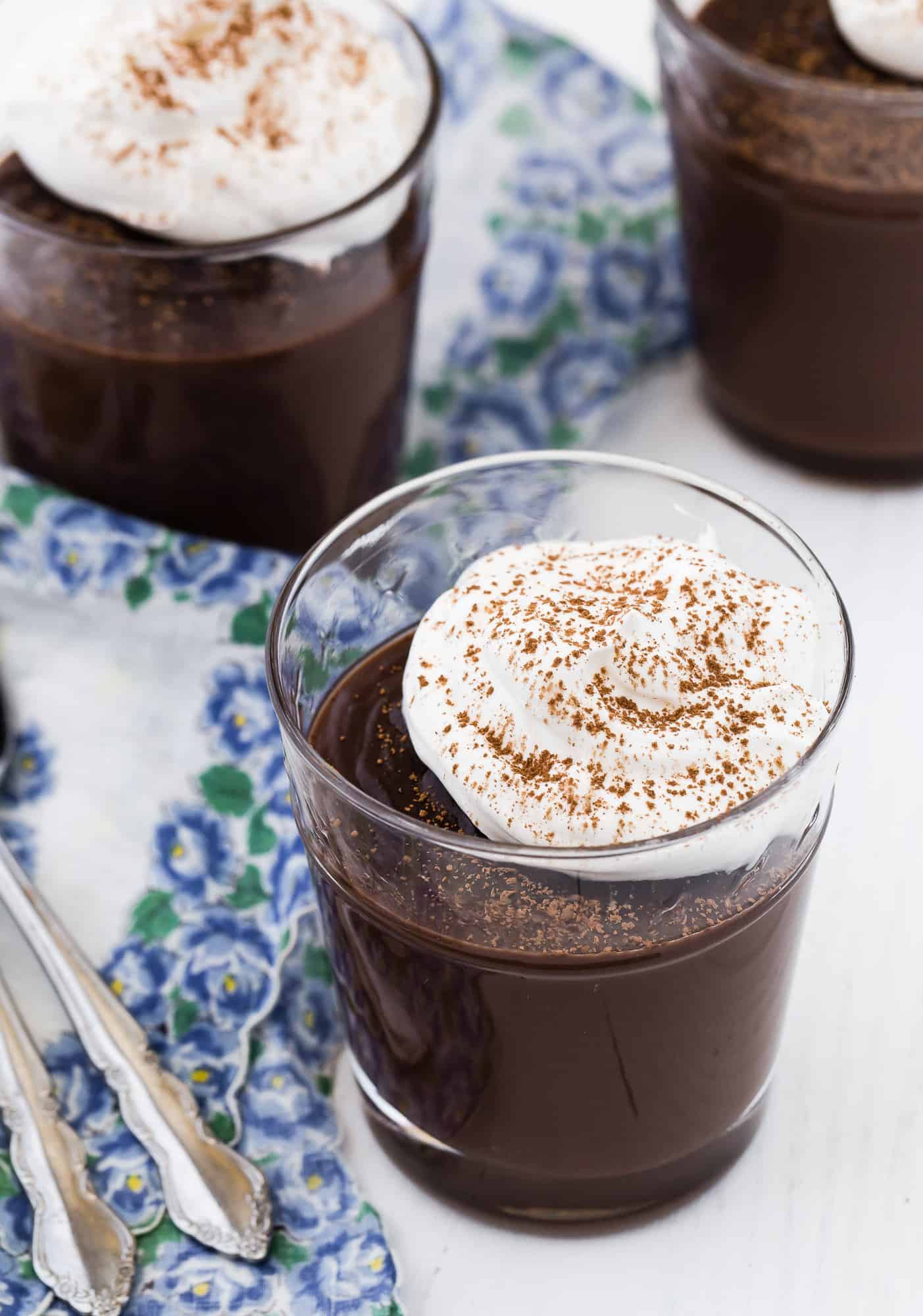 Chocolate pudding in glass cup.