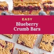 Bars, text reads "easy blueberry crumb bars."