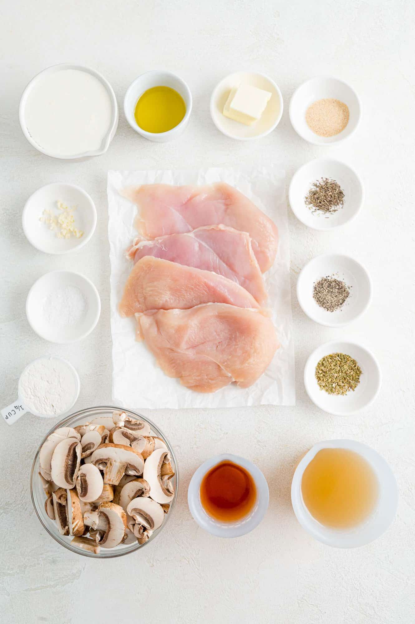 The ingredients for creamy chicken marsala.