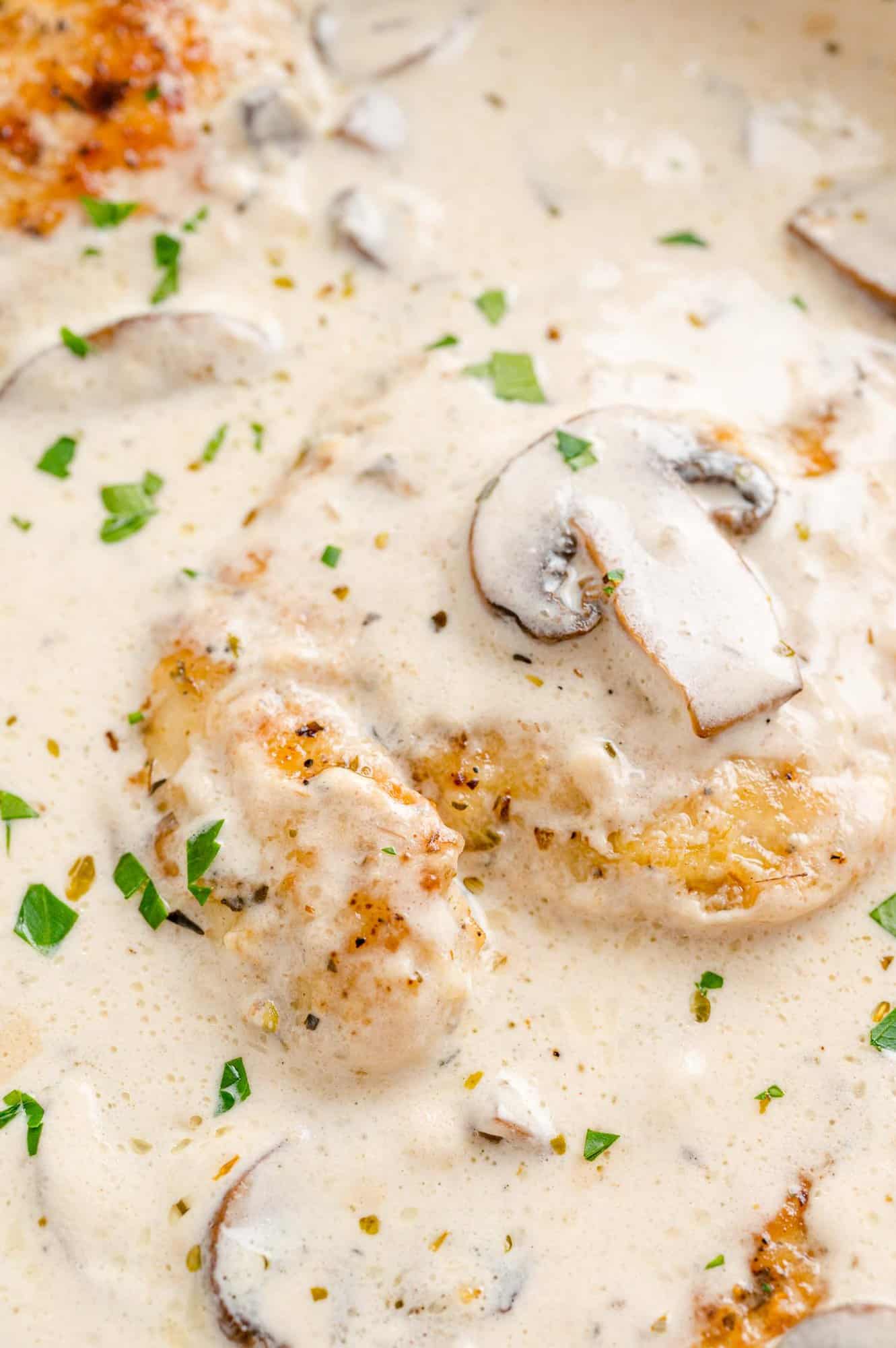 Close up of creamy chicken marsala garnished with chopped parsley.