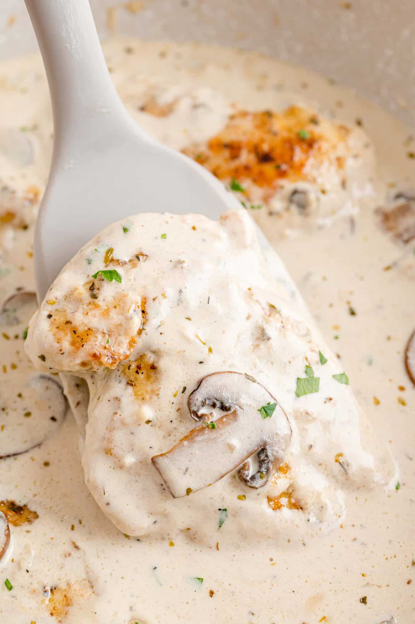 A spatula lifts a piece of chicken from a skillet of creamy chicken marsala.