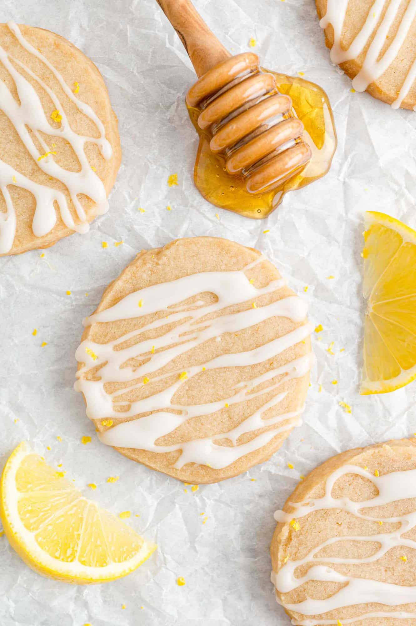 Honey lemon shortbread with glaze drizzled on.