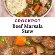 Stew, text reads "crockpot beef marsala stew."