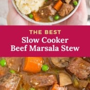 Stew, text reads "the best slow cooker beef marsala stew."