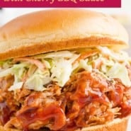 Sandwich, text reads "crockpot pulled pork with cherry BBQ sauce."