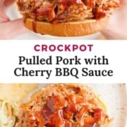 Sandwich, text reads "crockpot pulled pork with cherry BBQ sauce."