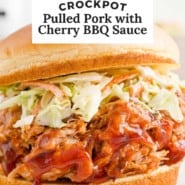 Sandwich, text reads "crockpot pulled pork with cherry BBQ sauce."