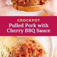 Sandwich, text reads "crockpot pulled pork with cherry BBQ sauce."