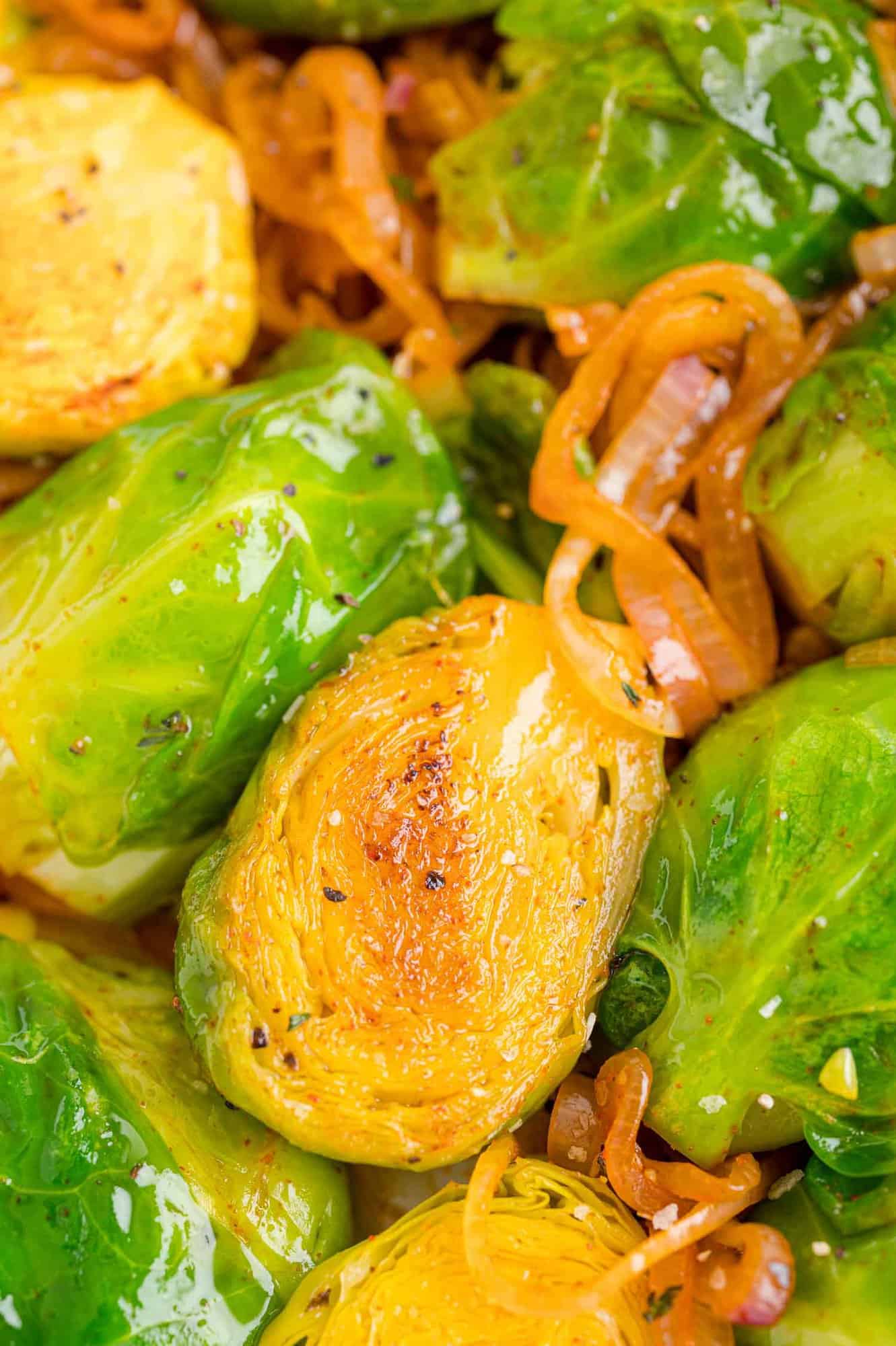 Close up of sautéed Brussels sprouts with smoked paprika and shallots.