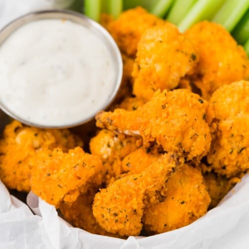 Air fryer buffalo cauliflower bites with dip.