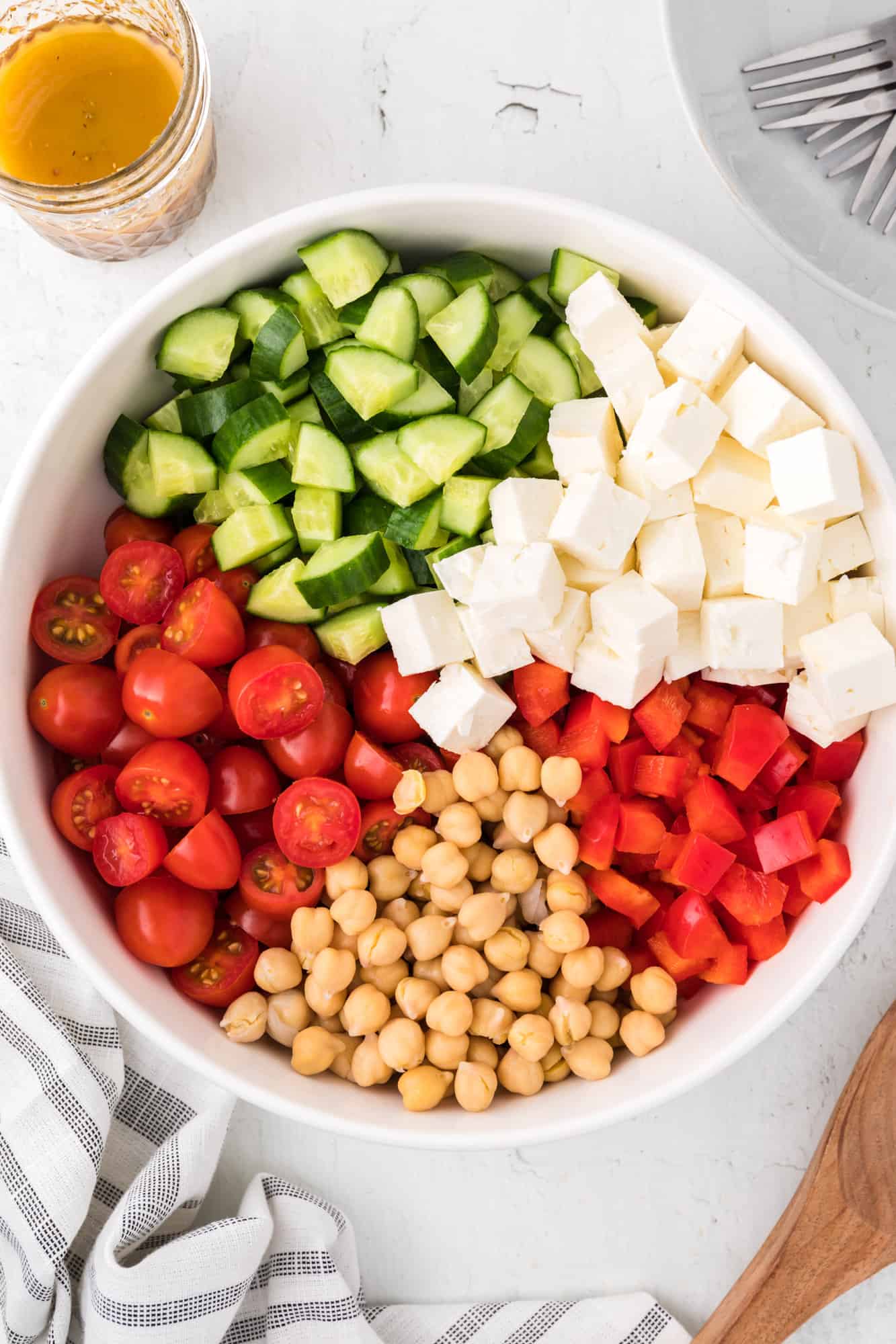 Chopped Greek salad, not yet mixed.