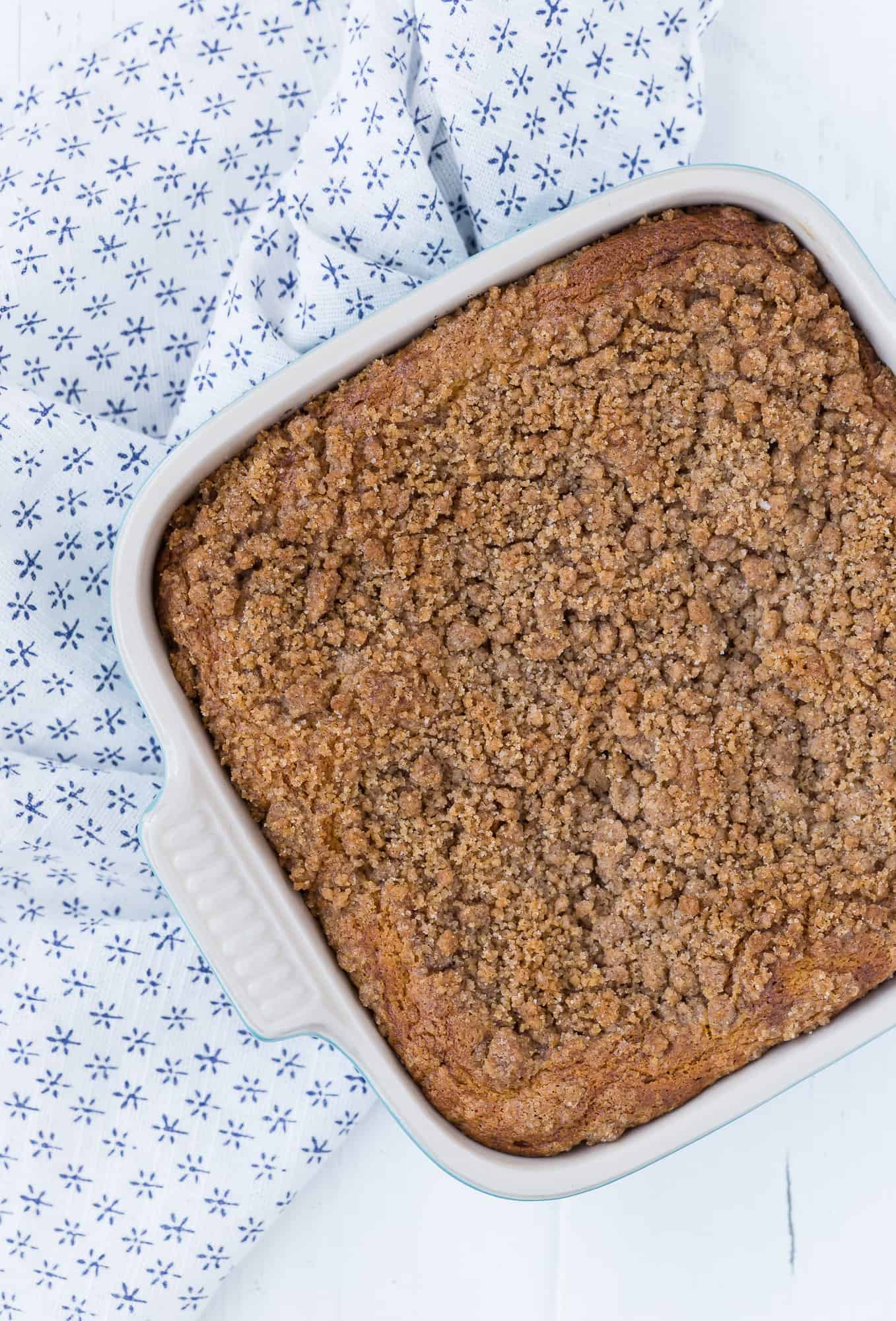 Overhead view of cake in a pan.