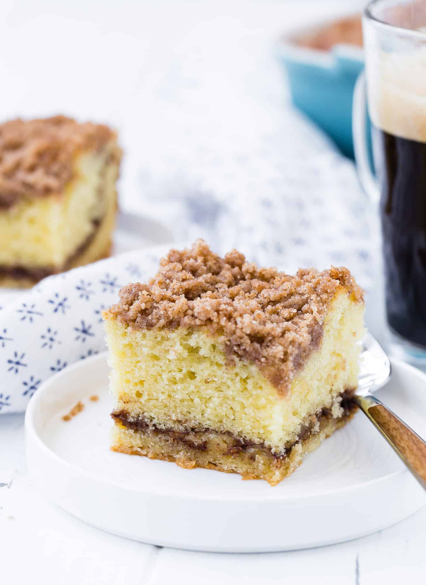 Square piece of cake with cinnamon layer.