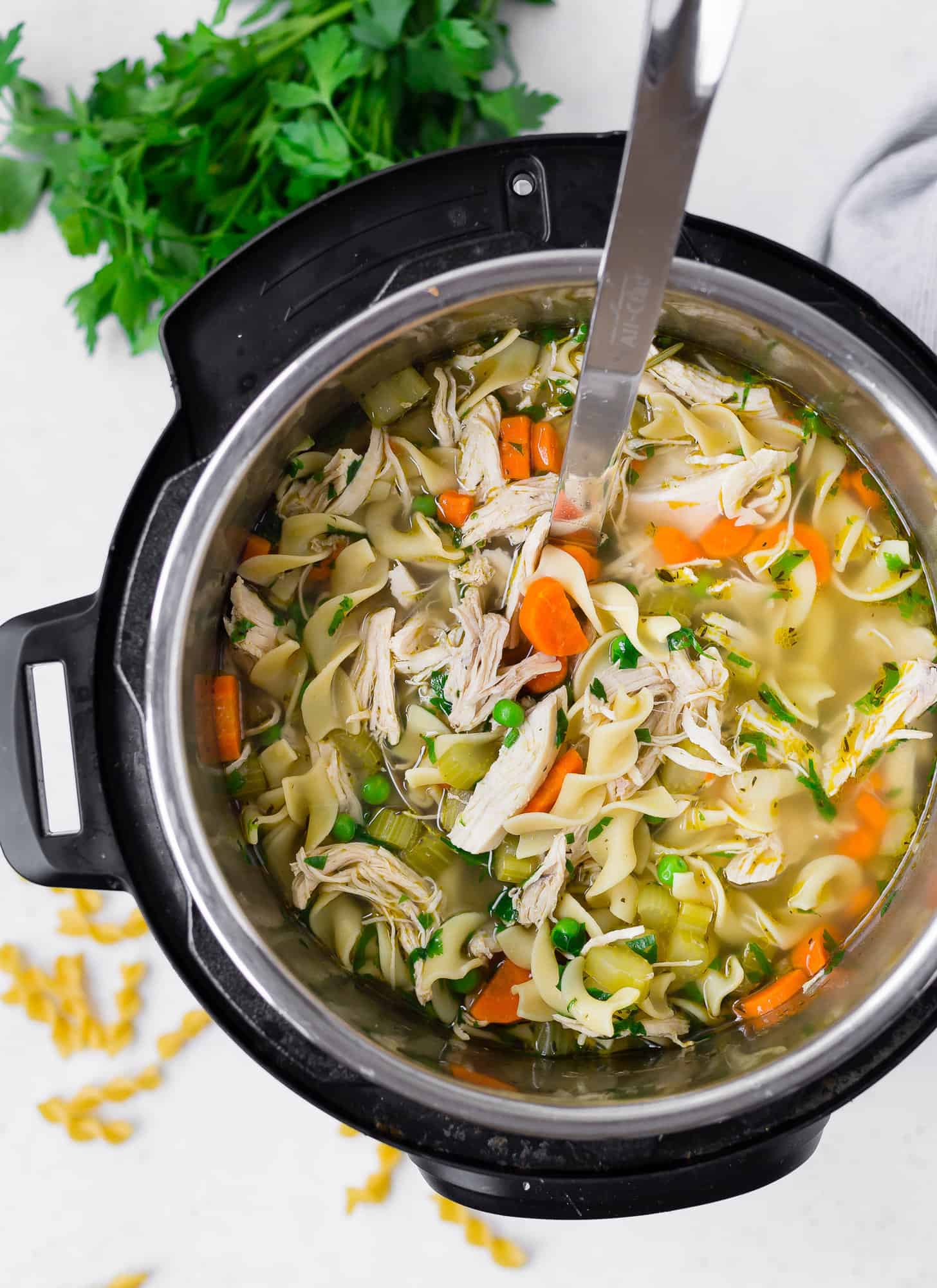 Overhead view of soup in an Instant pot with ladle.